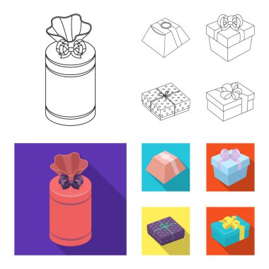 Fiyonklu hediye paketi hediye kutusu. Hediyeler ve sertifikaları anahat, düz stil vektör simge stok çizim web simgeler ayarla.