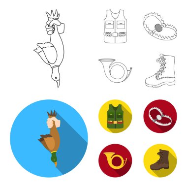 Elini, keskin bir zeka, bir av yeleği himayesi ile bir boynuz bir kupa... Avcılık toplama simgeler anahat, düz stil vektör simge stok çizim web ayarla..