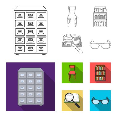 Dosya dolabı, sandalye, raflar kabine, bilgi arayın. Kütüphane ve kitap toplama simgeler anahat, düz stil vektör simge stok çizim web ayarla.