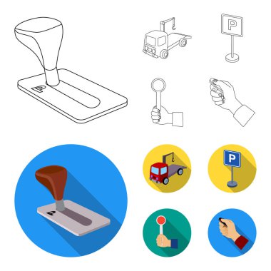 İletim kolu, çekici, Park işareti, stop sinyali. Buraya park edilmez toplama simgeler anahat, düz stil vektör simge stok illüstrasyon ayarla. .