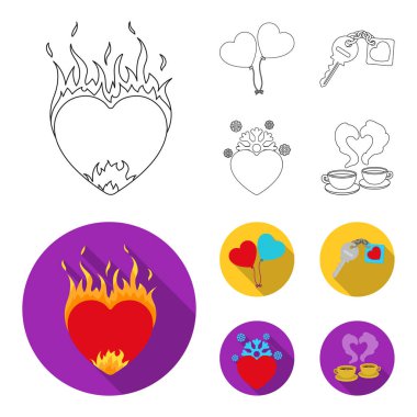 Sıcak kalp, balonlar, a çekicilik, soğuk bir kalp ile a anahtar. Romantik toplama simgeler anahat, düz stil vektör simge stok çizim web ayarla..