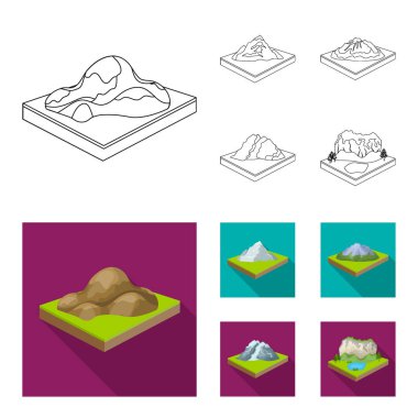 Dağlar, kayalar ve peyzaj. Yardım ve dağlar anahat, düz stil izometrik vektör simge stok çizim web simgeler ayarla.