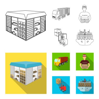 Kamyon, kurye, pizza, forklift, depo teslimi için. Lojistik ve teslimat anahat, düz stil izometrik vektör simge stok çizim web simgeler ayarla.