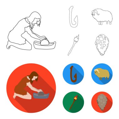 Sığır, yakalamak, kanca, Balık tutma. Taş devri toplama simgeler anahat, düz stil vektör simge stok çizim web ayarla..