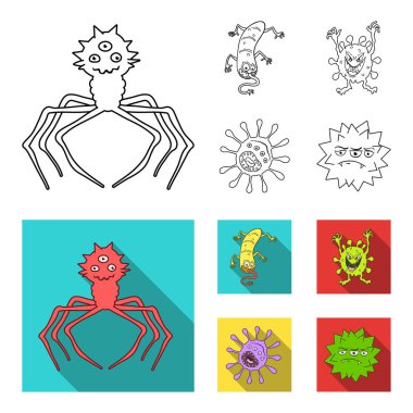 Mikrop ve virüs farklı türleri. Virüs ve bakteriler anahat, düz stil vektör simge stok çizim web simgeler ayarla.