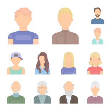Set koleksiyonu tasarım için Avatar ve yüz karikatür simgeler. Bir kişi görünümü vektör simge stok web çizim.