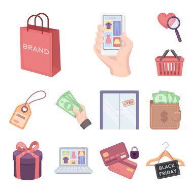 E-ticaret, satın alma ve satış set koleksiyonu tasarım için simgeleri karikatür. Ticaret ve Finans sembol stok web illüstrasyon vektör.