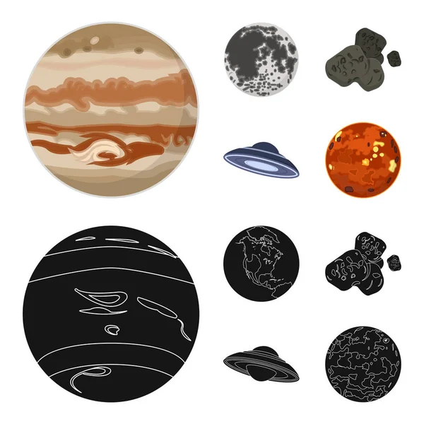 Luna, Venus del planeta del sistema solar. Nil, un meteorito. Planetas conjunto de iconos de colección en dibujos animados, negro estilo vector símbolo stock ilustración web . — Vector de stock
