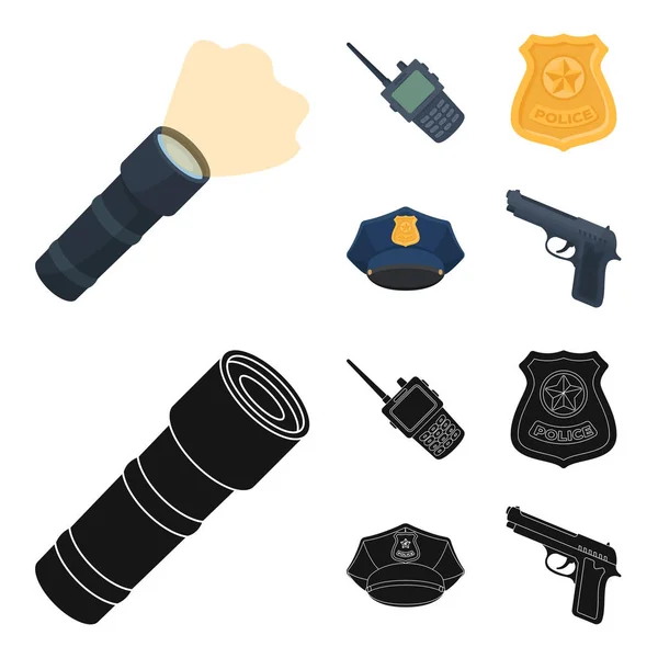 Rádio, emblema de policial, boné uniforme, pistola. Ícones de coleção de conjuntos de polícia em desenhos animados, estilo preto símbolo vetorial ilustração web . — Vetor de Stock