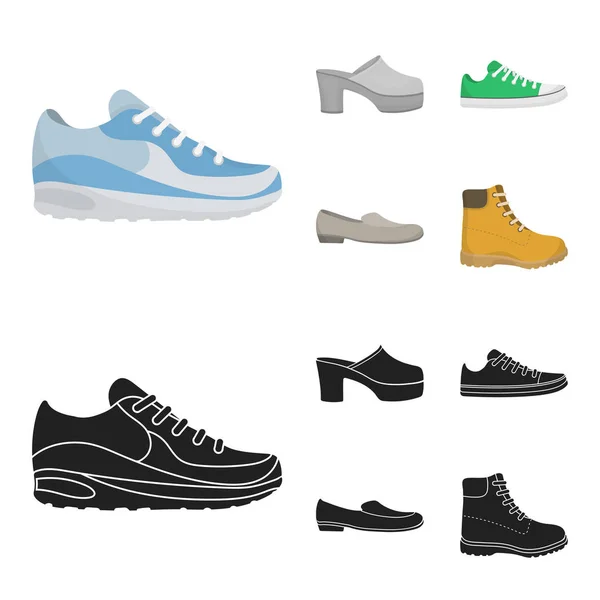 Flip-flops, clogs on a high platform and heel, green sneakers with laces, female gray ballet flats, red shoes on the tractor sole. Shoes set collection icons in cartoon,black style vector symbol stock — Stock Vector