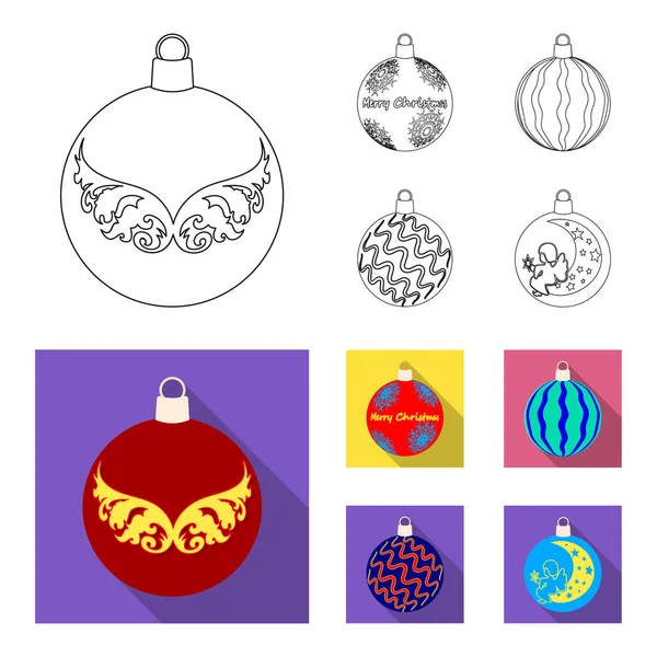 Neujahr Spielzeug Umriss, flache Symbole in Set-Kollektion für design.Weihnachtskugeln für einen Baum Symbol Stock Illustration. — Stockvektor