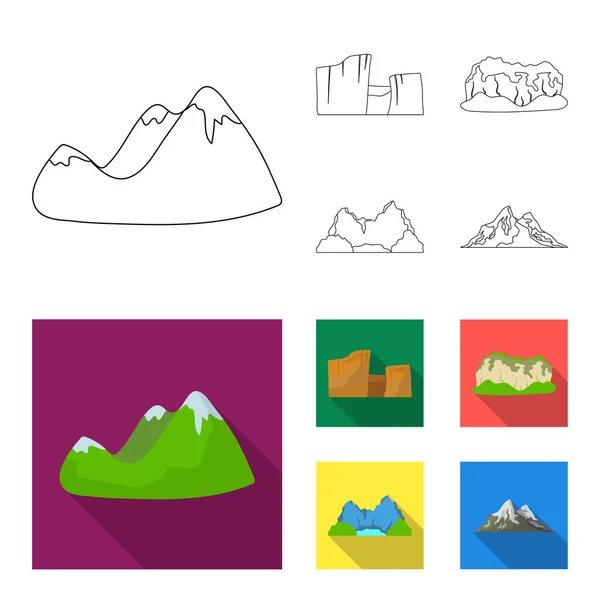 Groene bergen met sneeuw tops, een canyon, rotsen met bossen, een lagune en rotsen. Verschillende bergen instellen collectie iconen in overzicht, vlakke stijl vector symbool stock illustratie web. — Stockvector