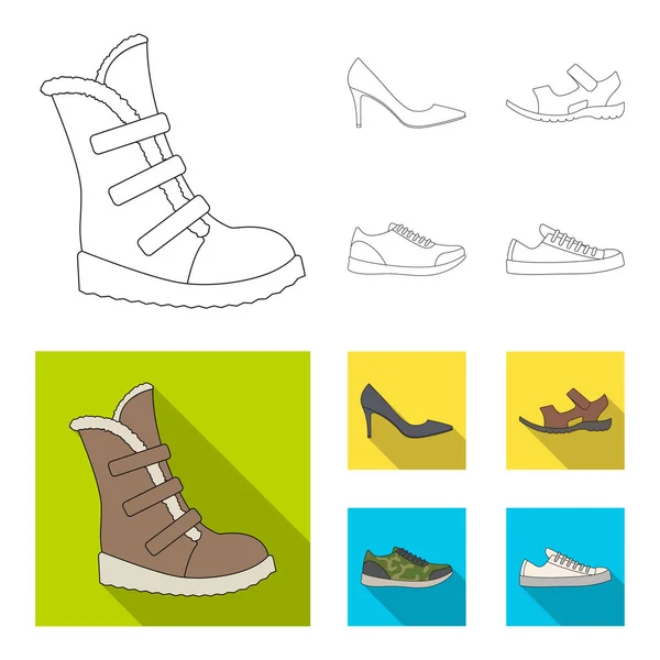 Un conjunto de iconos en una variedad de zapatos.Diferentes zapatos icono único en el contorno, el estilo plano vector web símbolo stock illustration . — Vector de stock