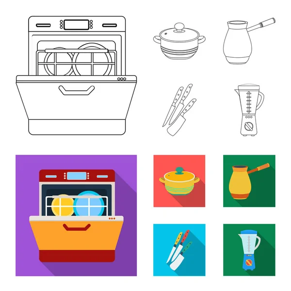 Esquema de equipo de cocina, iconos planos en la colección de conjuntos para el diseño. Cocina y accesorios vector símbolo stock web ilustración . — Archivo Imágenes Vectoriales