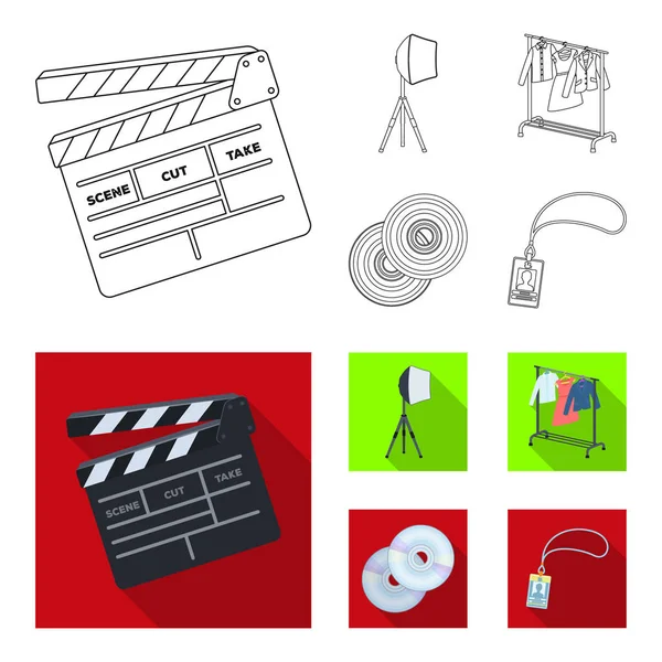 Films, disques et autres équipements pour le cinéma. Faire des films ensemble icônes de la collection dans les grandes lignes, plat style vectoriel symbole illustration web . — Image vectorielle