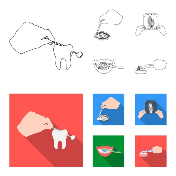 Examen del diente, instilación del ojo y otro icono de la tela en el contorno, estilo plano. Una instantánea de la mano, íconos de limpieza de dientes en la colección de conjuntos . — Vector de stock
