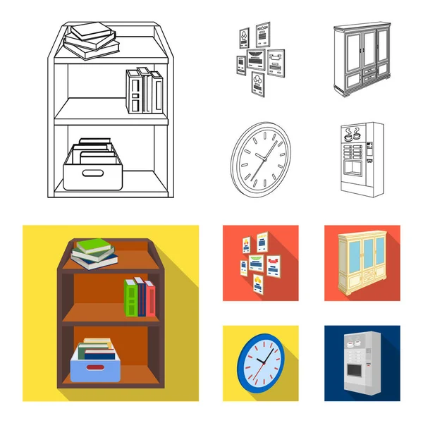 Gabinete, estanterías con libros y documentos, marcos en la pared, relojes redondos. Interior de la oficina conjunto de iconos de colección en el contorno, el estilo plano isométrico vector símbolo stock ilustración web . — Vector de stock