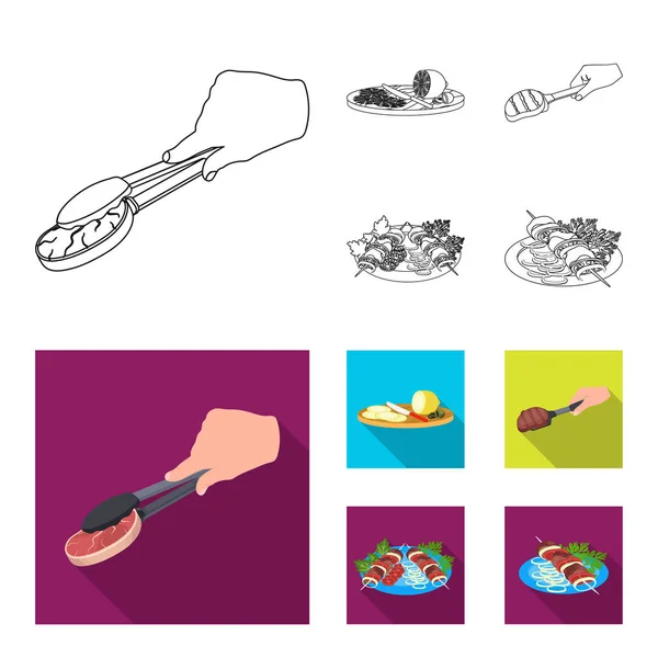 Pinzas con bistec, carne frita en una cucharada, rodajas de limón y aceitunas, shish kebab en un plato con verduras. Iconos de colección de conjuntos de comida y cocina en esquema, ilustración de stock de símbolo de vector de estilo plano — Vector de stock