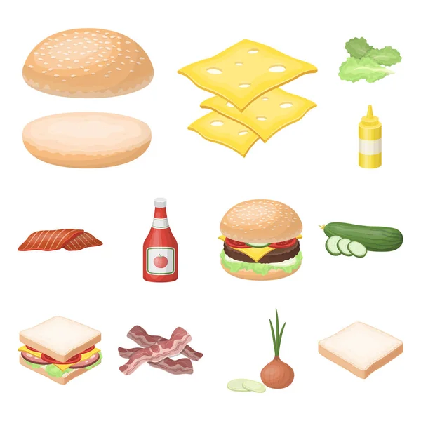 Burger und Zutaten Cartoon-Ikonen in Set-Kollektion für Design. Burger Kochen Vektor Symbol Lager Web-Illustration. — Stockvektor