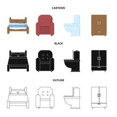 Bir yatak, bir koltuk, bir tuvalet, bir dolap. Furniturefurniture toplama simgeler çizgi film, siyah, anahat stili vektör simge stok çizim web içinde ayarla..