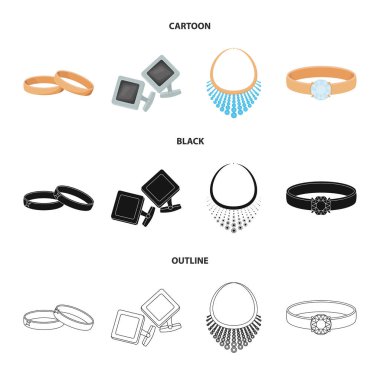 Evlilik yüzükleri, kol düğmesi, elmas kolye, Bayan Yüzükler bir taşla. Takı ve aksesuar koleksiyon simgeler çizgi film, siyah, anahat stili vektör simge stok çizim web içinde ayarla.