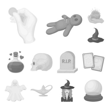 tek renkli ve white magic tek renkli simgeler set koleksiyonu tasarım için. Sembol stok web illüstrasyon vektör öznitelikleri ve büyücü aksesuarları.