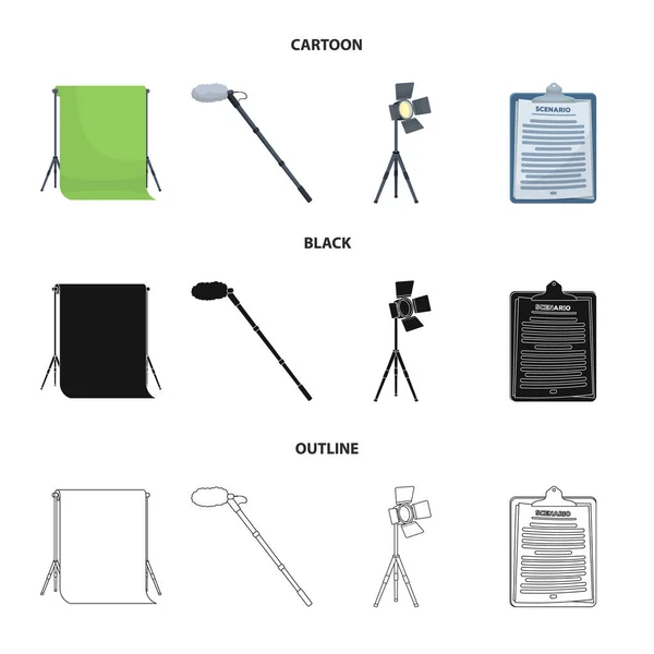 Hromakey, script e outros equipamentos. Fazendo filmes definir ícones de coleção em desenhos animados, preto, esboço estilo vetor símbolo estoque ilustração web . — Vetor de Stock