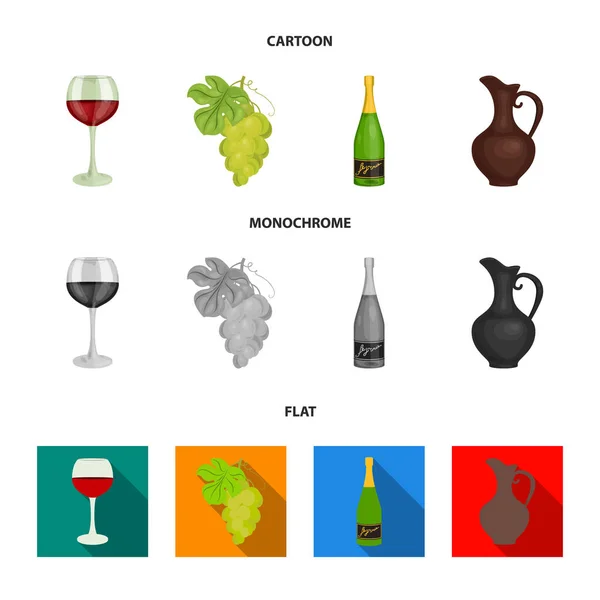 赤ワイン、シャンパン、ワインの水差し、束のガラス。ワインの生産は、漫画でコレクション アイコンを設定フラット、モノクロ スタイル ベクトル シンボル ストック イラスト web. — ストックベクタ