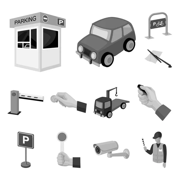 Aparcamiento para coches iconos monocromáticos en la colección de conjuntos para el diseño. Equipo y servicio vector símbolo stock web ilustración . — Vector de stock