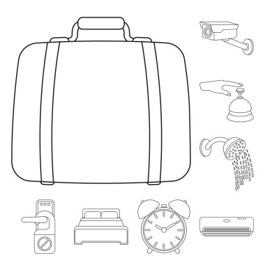 Set koleksiyonu tasarım için otel ve ekipman anahat simgeleri. Otel ve konfor sembol stok web illüstrasyon vektör.