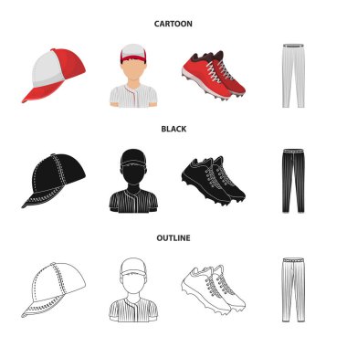 Beyzbol şapkası, oyuncu ve diğer aksesuarları. Beyzbol toplama simgeler çizgi film, siyah, anahat stili vektör simge stok çizim web içinde ayarla..