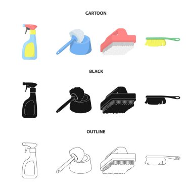 Temizlik ve hizmetçi çizgi film, siyah, anahat simgeleri set koleksiyonu tasarım için. Vektör simge stok web illüstrasyon Temizleme için donatım.