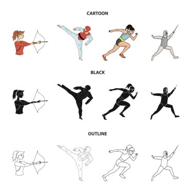 Okçuluk, karate, koşma, eskrim. Olimpik spor toplama simgeler çizgi film, siyah, anahat stili vektör simge stok çizim web içinde ayarla..