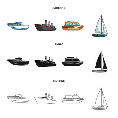 Koruma tekne, cankurtaran, kargo gemi, spor yat. Gemi ve Su ulaştırma araçları toplama simgeler çizgi film, siyah, anahat stili vektör simge stok çizim web içinde ayarla.