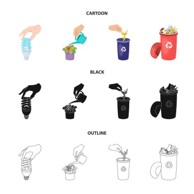 Enerji tasarrufu sağlayan ışık ampul, sulama bir houseplant ve diğer web simgesi çizgi film, siyah, anahat tarzı. çöp atık ve çöp simgeleri set koleksiyonu ile.