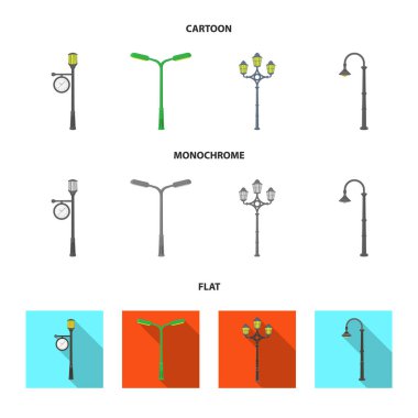 Retro tarzı, modern fener, meşale ve diğer tip-in sokak sokak lâmbası direği. Elektrik direği küme toplama simgeler karikatür, düz, tek renkli stil vektör simge stok çizim web.