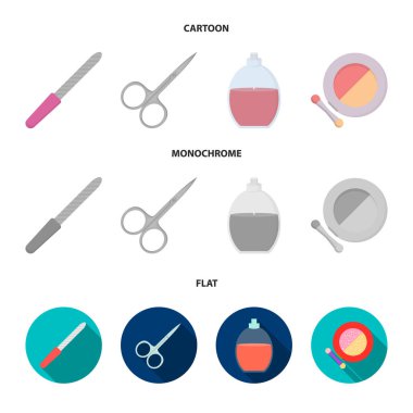 Tırnak törpüsü, makaslar, çivi, parfüm, pudra fırçası ile için. Makyaj küme toplama simgeler karikatür, düz, tek renkli stil vektör simge stok çizim web.