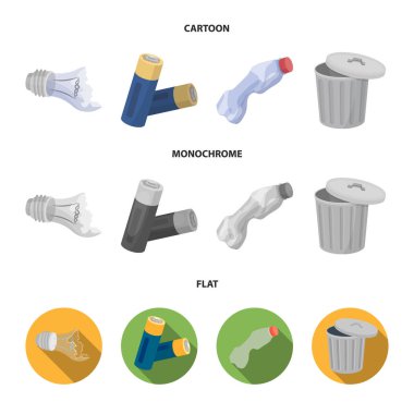 Kırık ampul tüm pilleri, bir plastik şişe, çöp bir işareti ile kırma. Çizgi film, düz çöp ve çöp küme toplama simgeler, tek renkli stil vektör simge stok çizim web.