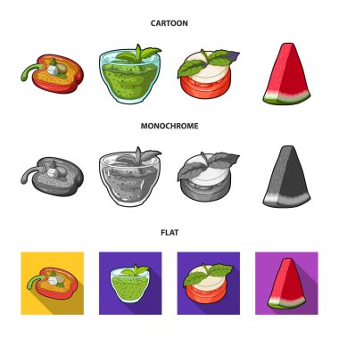 Tatlı Bulgar biber, vitamin içeceği, reçel ahududu ve nane yaprakları ile karpuz bir parçası. Vejetaryen yemekleri set toplama simgeler karikatür, düz, tek renkli stil vektör simge araçları
