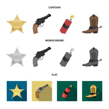 Yıldız Şerif, Colt, dinamit, kovboy çizme. Vahşi Batı küme toplama simgeler karikatür, düz, tek renkli stil vektör simge stok çizim web.