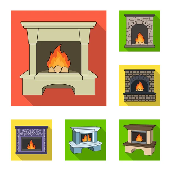 Diferentes tipos de lareiras ícones planos na coleção de conjuntos para design.Fireplaces construção vetor símbolo web ilustração . — Vetor de Stock