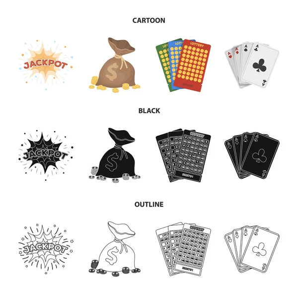 Jack sweat, a bag with money won, cards for playing Bingo, playing cards. Casino and gambling set collection icons in cartoon,black,outline style vector symbol stock illustration web. — Stock Vector