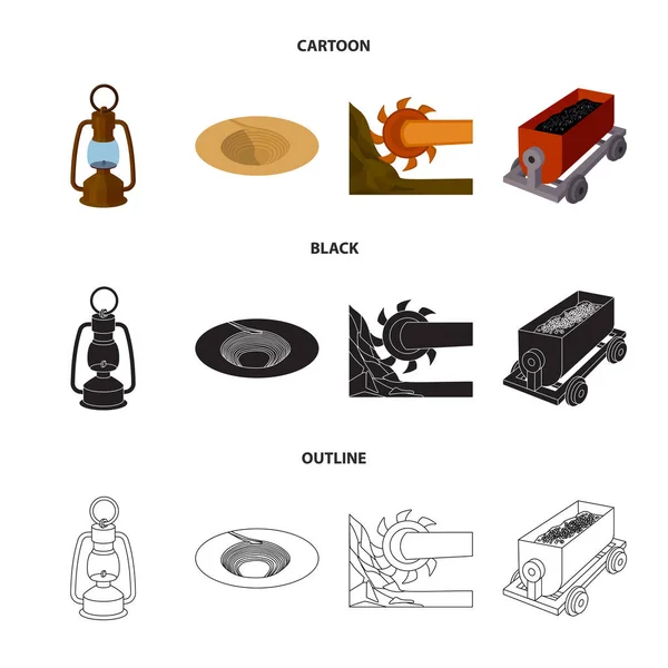 Una lámpara de minero, un embudo, una combinación minera, un carro con ore.Mining iconos de la colección conjunto de la industria en la historieta, negro, contorno estilo vector símbolo stock illustration web . — Vector de stock