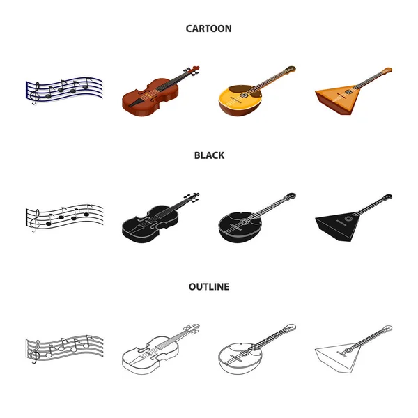 Musikinstrument cartoon, schwarz, umrissene symbole in set-kollektion für design. Saiten- und Blasinstrument isometrisches Vektor-Symbol Stock Web Illustration. — Stockvektor