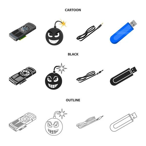 Video card, virus, flash drive, cable. Personal computer set collection icons in cartoon,black,outline style vector symbol stock illustration web. — Stock Vector