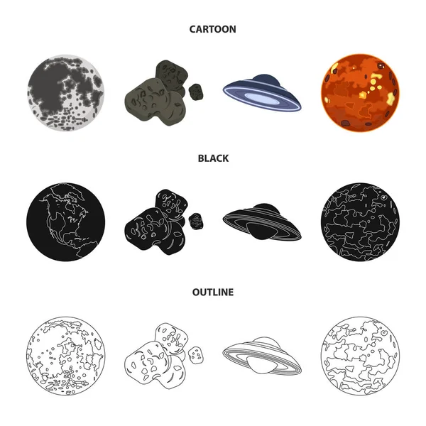 Lua, Vénus do planeta do sistema solar. Nil, um meteorito. Planetas conjunto coleção ícones em desenhos animados, preto, esboço estilo vetor símbolo estoque ilustração web . — Vetor de Stock