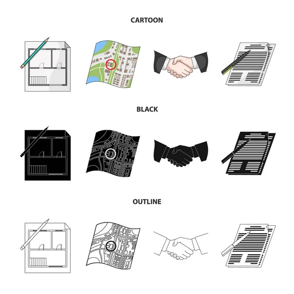 Het plan van het huis, documenten voor ondertekening, handdruk, terrein plan. Realtor instellen collectie iconen in de tekenfilm, zwart, overzicht stijl vector symbool stock illustratie web. — Stockvector