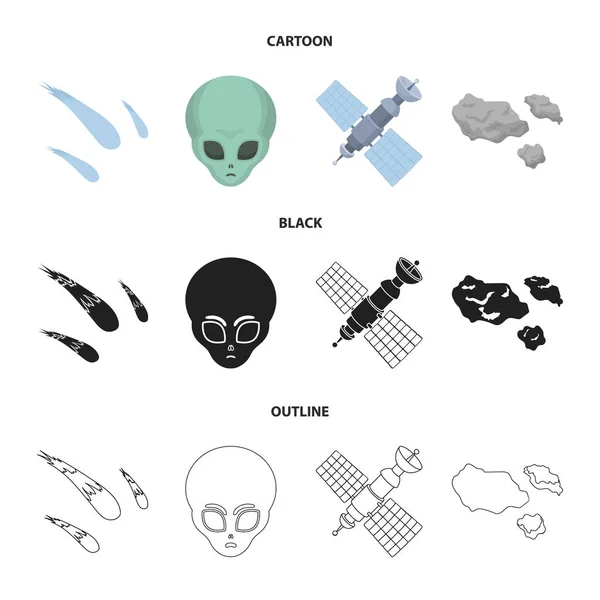 Asteroid, car, meteorite, space ship, station with solar batteries, the face of an alien. Space set collection icons in cartoon,black,outline style vector symbol stock illustration web. — Stock Vector