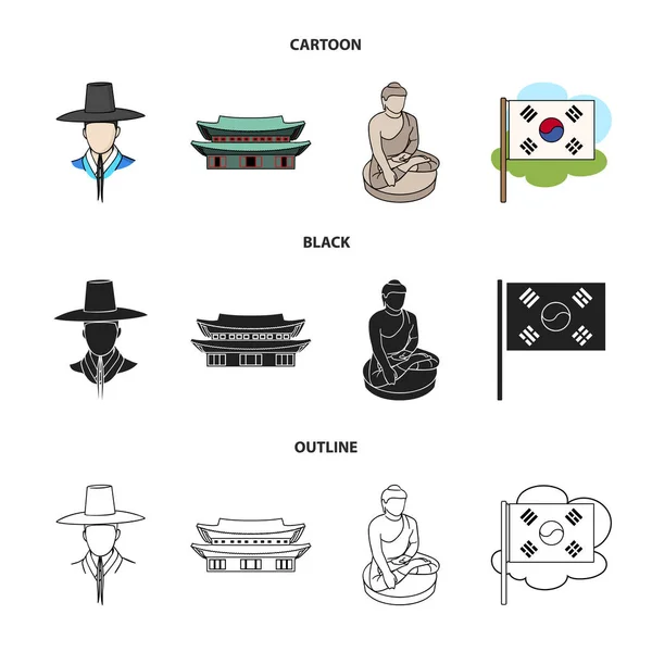 Coreano en tocado nacional, monasterio coreano, estatuilla de Buda, bandera nacional. Corea del Sur conjunto de iconos de colección en dibujos animados, negro, contorno estilo vector símbolo stock ilustración web . — Archivo Imágenes Vectoriales