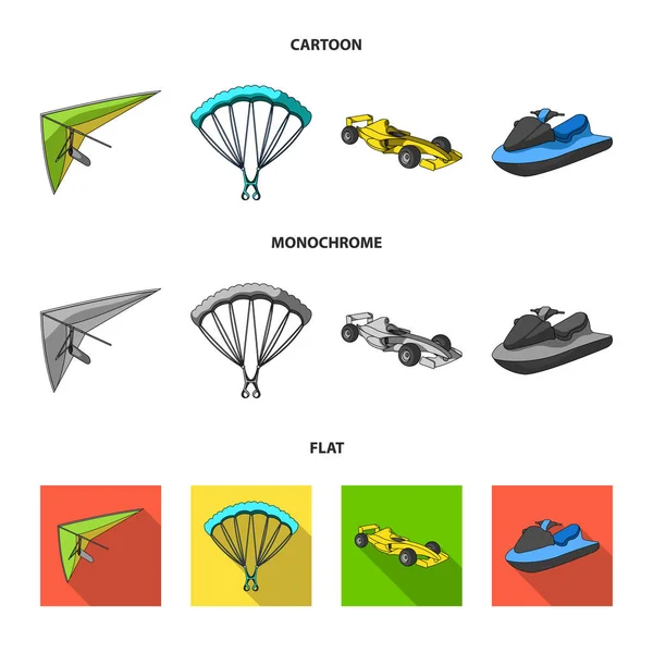 Drachenflieger, Fallschirm, Rennwagen, Wasserscooter. Extremsport Set Sammlung Symbole in Cartoon, flach, monochromen Stil Vektor Symbol Stock Illustration Web. — Stockvektor